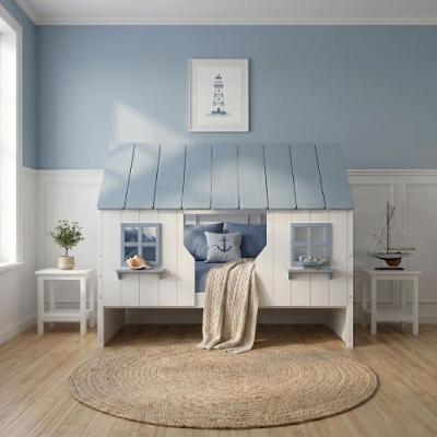 Cama Infantil Casinha Encantada Madeira Maciça Branco e Azul Housin