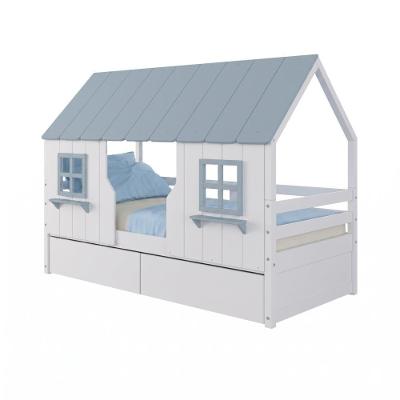 Cama Casinha Encantada 2 Gavetas Madeira Maciça Branco e Azul Housin