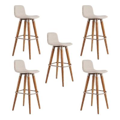 Kit 5 Banquetas Altas Linho Base Aço sem Encosto Caramelo Linea Bella