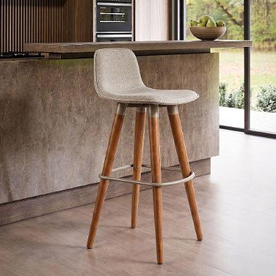 Banqueta Alta Luxo Assento Linho Base Aço sem Encosto Caramelo Linea Bella