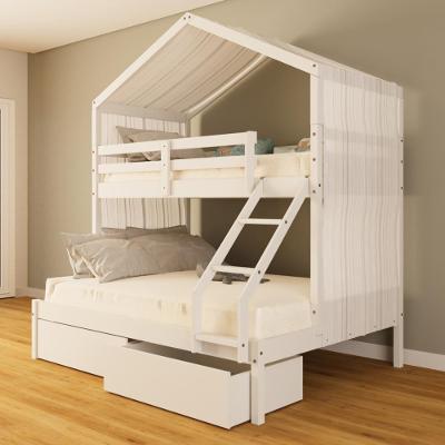 Beliche Casal Casinha com Gavetas e Cortina Madeira Maciça Branco
