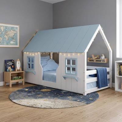 Cama Montessori Casinha Encantada Madeira Maciça Branco e Azul Housin