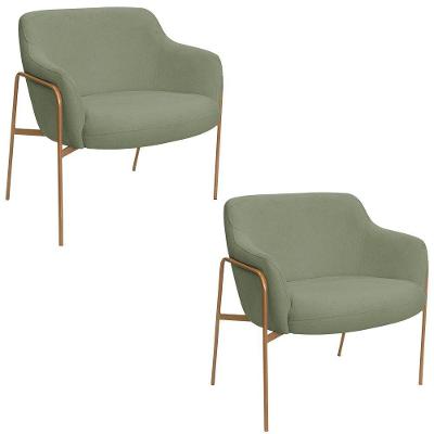 Kit 02 Poltronas Decorativas Jade Bouclé Base Aço Ouro Fosco Verde Claro