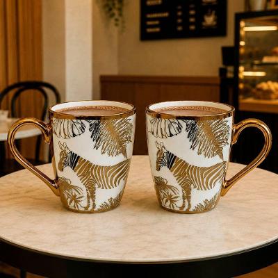 Kit 12 Canecas Zebra Cerâmica 380ML Luxo para Café Dourado Safari