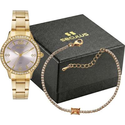 Kit Relógio Feminino 44345LPSKDA1K1 Analógico Aço Inox Dourado Séculus