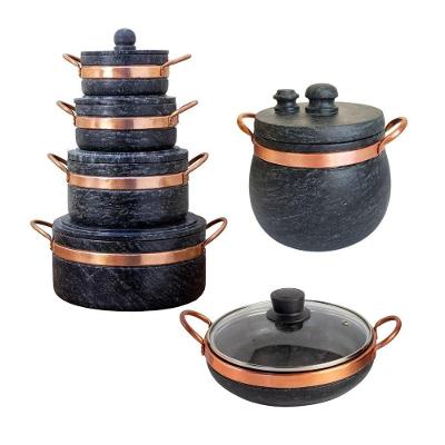 Jogo Panelas Pedra Sabão com Panela Pressão 5L e Frigideira 24cm 6 Peças Cinza