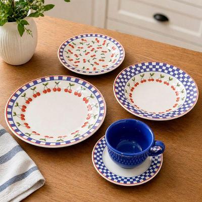 Aparelho de Jantar Jardim Cerejas 30 Peças Cerâmica Xadrez Azul Oxford