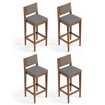 Kit 04 Banquetas Altas Lenna Madeira Encosto Linho Fixo Cinza Desk Design