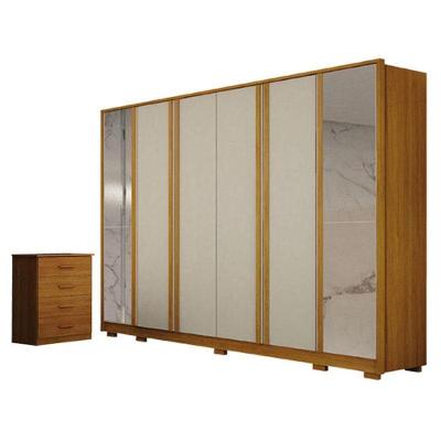 Kit Guarda Roupa Casal Ares 6 Portas com Espelho e Cômoda Rubi 4 Gavetas Cinamomo Off-White Leifer