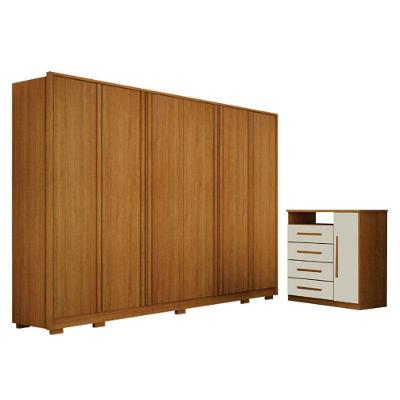 Guarda Roupa Casal Ares 6 Portas com Cômoda Diamante 4 Gavetas Cinamomo Off-White Leifer
