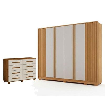 Guarda Roupa Casal Evo 6 Portas com Cômoda San Marino 8 Gavetas Cinamomo e Off-White Leifer