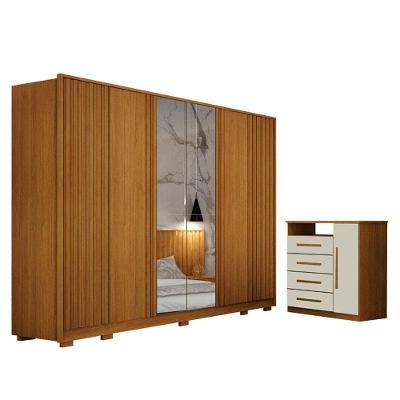 Guarda Roupa Casal Evo 6 Portas de Bater com Espelho e Cômoda Diamante Cinamomo