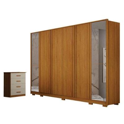 Guarda Roupa Casal Ares 6 Portas com Espelho e Cômoda Rubi 4 Gavetas Cinamomo Off-White Leifer