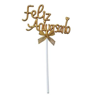 Topo de Bolo Feliz Aniversário Metalizado Laço Plástico Dourado Extra Festas