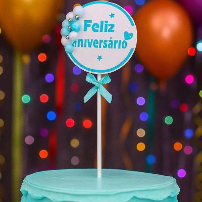 Topo de Bolo Feliz Aniversário Redondo Laço 18CM Azul Extra Festas