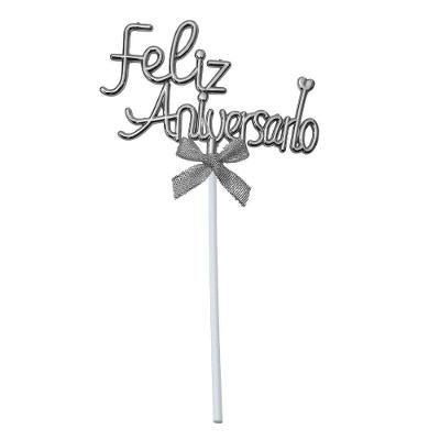 Topo de Bolo Feliz Aniversário Metalizado Laço Prata Extra Festas