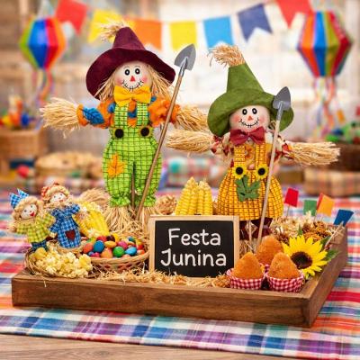 Kit 2 Espantalhos Festa Junina Palha e Poliéster 25cm Arraiá Extra Festas