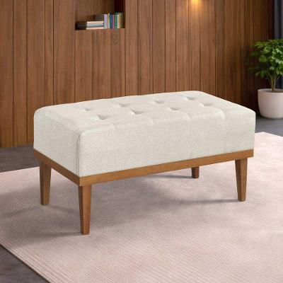 Puff Retangular MM-34 Linho Creme Pés Madeira Estofados Martins