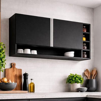Armário Aéreo Vanessa 105cm 2 Portas MDP Nicho Lateral Preto Desk Design