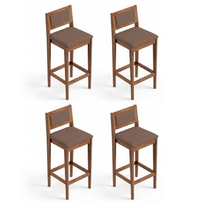 Kit 04 Banquetas Altas Lenna Linho Base Madeira Encosto Estofado Marrom Desk Design