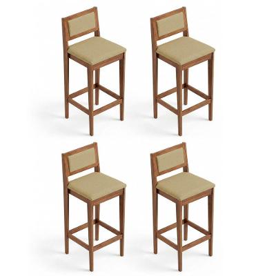 Kit 04 Banquetas Altas Lenna Madeira Encosto Estofado Linho Palha Desk Design