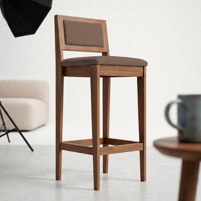 Banqueta Alta Lenna Linho Base Madeira com Encosto Estofado Marrom Desk Design