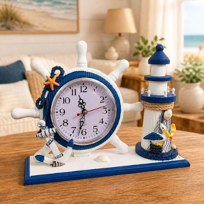 Relógio de Mesa Náutico Timão e Farol Decorativo MDF Branco e Azul