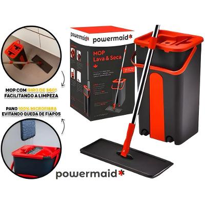 Mop Lava e Seca com Balde e Prensa Base Flexivel 360 Cabo Inox para Pisos Vermelho Powermaid