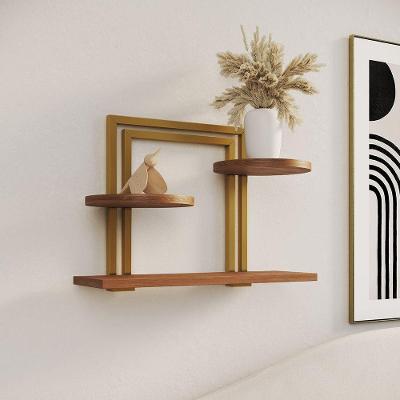 Nicho Decorativo Bali Retangular Metal para Sala e Escritorio Dourado Tampo Amendoa UP Home