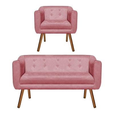 Conjunto Sofá Julia Namoradeira e Poltrona Rosê Suede MV Estofados