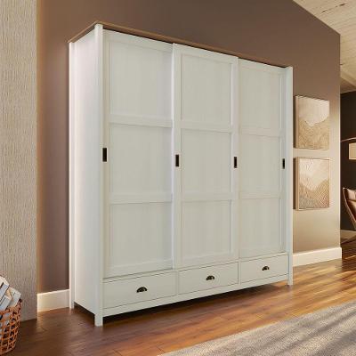 Guarda Roupa Casal Topázio 3 Portas de Correr Madeira Branco-Freijó Finestra