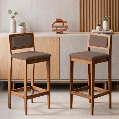 Kit 02 Banquetas Altas Lenna Madeira Encosto Linho Base Fixa Marrom Desk Design