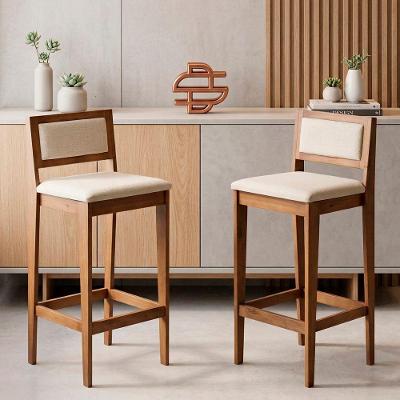 Kit 02 Banquetas Altas Lenna Linho Madeira Maciça com Encosto Amadeirado Desk Design