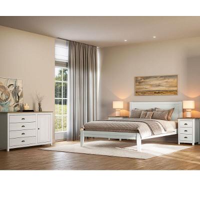 Conjunto de Quarto Casal Topázio Cama Cômoda e 2 Mesas de Cabeceira Madeira Branco Finestra Móveis