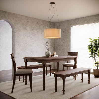 Conjunto Rubi 6 Lugares MDF 2 Bancos e 2 Cadeiras Linho Café 160CM Finestra Móveis