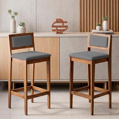 Kit 02 Banquetas Altas Lenna Linho Base Madeira Encosto Estofado Cinza Desk Design