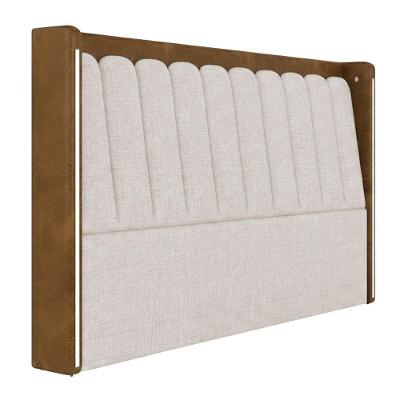 Cabeceira Queen Mira Estofada no Box MDF Corino Caramelo e Linho Cru
