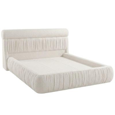 Cama Japonesa Casal Estofada Sora Bouclé Gelo Madeira Maciça Branco