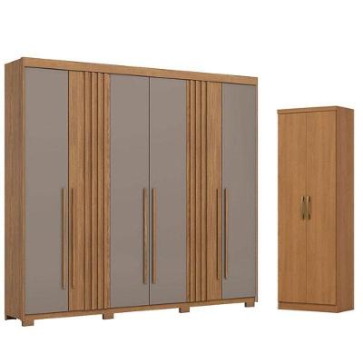 Kit Guarda Roupa Casal Flex D325 6 Portas de Bater 4 Gavetas MDP Nature Avelã Cinamomo Henn
