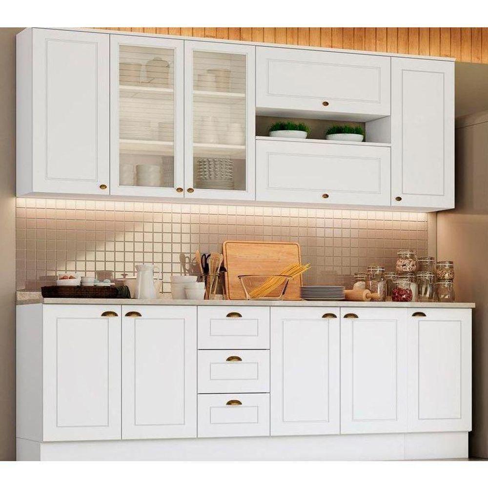 Cozinha Modulada Completa Americana 10 Peças (4 Aéreos + 3 Balcões + 3 Tampos) CZ266 Branco - Henn - 1