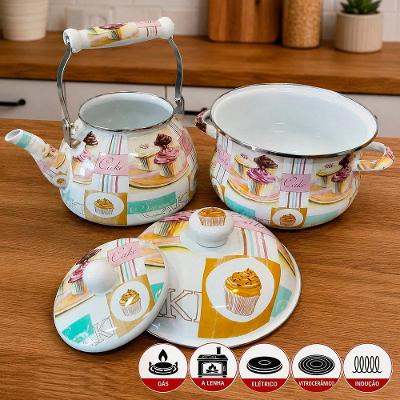 Kit Caçarola 3,7L e Chaleira 2,5L Esmaltada Ferro Fundido Cake Brasil