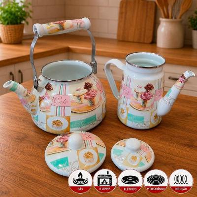 Kit Chaleira 2,5L e Bule 1,2L Esmaltada Cake Ferro Esmaltado Branco Cake Brasil