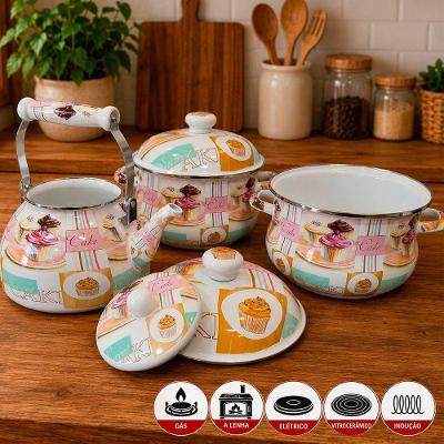 Kit Panela Caçarola e Chaleira Esmaltada Cake 3,7L e 2,5L Branco Cake Brasil