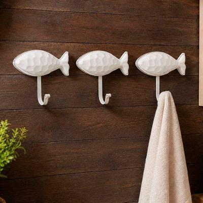 Kit 3 Ganchos Cabideiro Porta Toalha Peixe Madeira Metal Branco