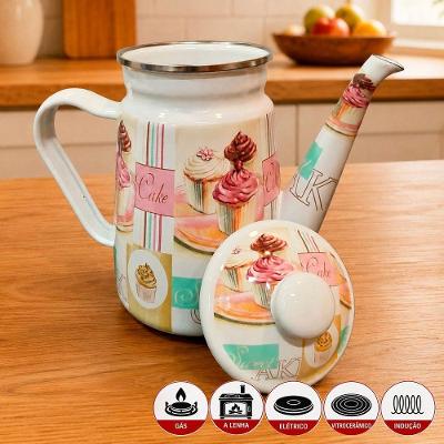 Bule Esmaltada Cake 1,2L Ferro Esmaltado Vintage Todos Fogões Branco Charm