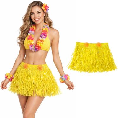 Saia Havaiana Hula com Flores Plástico 35cm Amarelo Extra Festas