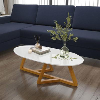 Mesa de Centro Classic Oval MDF Tampo Chanfrado Base Madeira 90CM Branco Nature Tebarrot