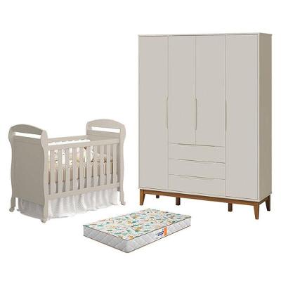 Kit Berço Danny com Guarda Roupa 4 Portas Elfe Classic MDF Areia Acetinado Reller Móveis