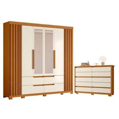 Kit Guarda Roupa Casal Doble 6 Portas com Espelho e Cômoda Duetto 10 Gavetas Cinamomo Off White