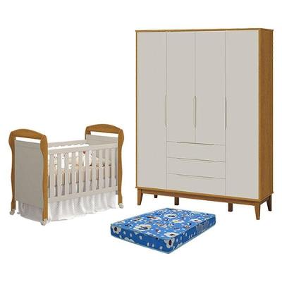 Kit Berço Americano Danny Guarda Roupa Elfe Classic MDF Colchão Incluso Areia Savana Reller